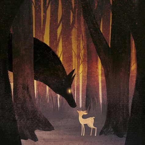 Friend or foe? 🤔 Wolf meets fawn in this superb new illustration by Carmen Saldana, represented by Good Illustration.  Check out more awesome artworks by Carmen at Childrensillustrators.com Fawn Print, Images Terrifiantes, Illustration Animals, Illustration Fantasy, Wolf Illustration, Arte Peculiar, Animals Print, Nursery Animal Prints, Arte Sketchbook