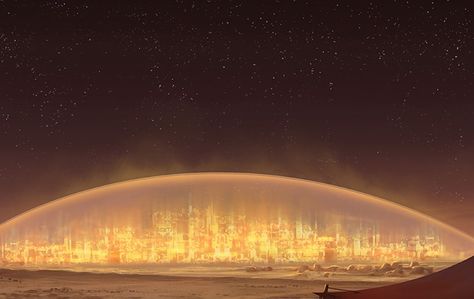 Domed city at night by Lorenz Hideyoshi Ruwwe Domed City Concept Art, Sci Fi City Concept Art, Scifi Underground City, Fantasy Dome City, Scifi Desert City, Domed City, Mars Future City, Desert Stars, City On Mars