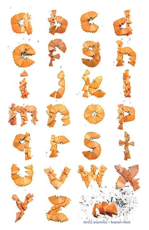 pencil shavings by Mariah White Typography Objects, Small Alphabets, Experimental Type, Alphabet Photography, Pencil Shavings, Typography Alphabet, 3d Typography, Typography Poster Design, Creative Typography