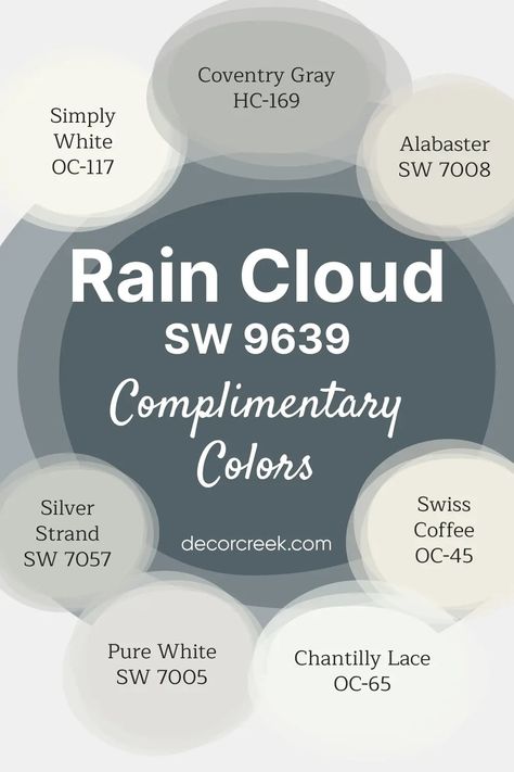 Rain Cloud SW 9639 Paint Color by Sherwin Williams - DecorCreek Sherman Williams, Coventry Gray, About Rain, Swiss Coffee, Silver Strand, Modern Exterior House Designs, White Alabaster, Rain Cloud, Simply White