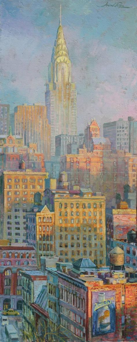 New York Painting, Painted Post, Skyline Painting, Kids Room Paint, City Painting, Chrysler Building, Canvas Painting Diy, New York Art, Post Impressionists