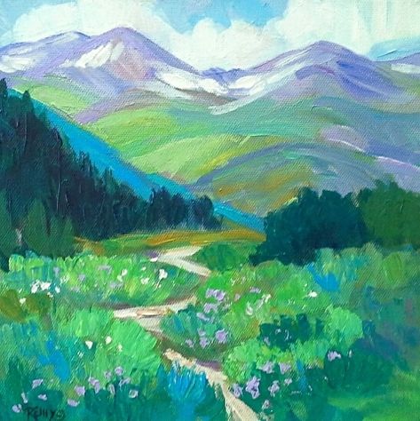 Trail Up to the Sky by Laura Reilly, Acrylic, 10 x 10 Oil Pastel Impressionism, Easy Mountain Painting, Laura Reilly, Pastel Mountains, Hill Painting, Oil Pastel Landscape, Up To The Sky, Pastel Landscape, Dry Pastel