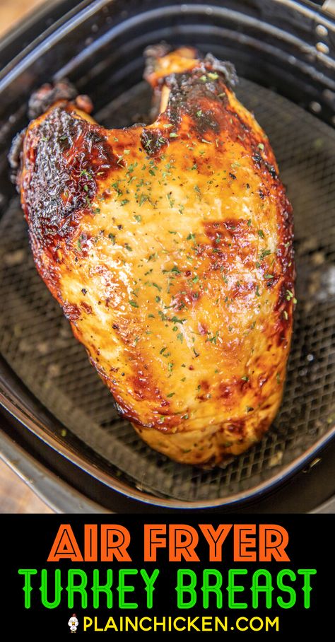 Air Fryer Turkey Breast - hands down the best turkey I've ever eaten. SO tender and juicy. Cooks in under an hour! Bone-in turkey breast marinated in Italian dressing and Worcestershire sauce and cooked in the air fryer. Perfect for the holidays or any day of the week. The turkey meat is great for your holiday meal, casseroles, soups, and sandwiches. A must if you have an air fryer! #airfryer #thanksgiving #turkey #turkeybreast #christmas Air Fryer Bone In Turkey Breast, Air Fried Turkey Breast, Air Fryer Turkey Breast Bone In, Turkey Breast Air Fryer Recipe, Airfry Turkey, Airfryer Turkey Breast, Air Fry Turkey Breast, Turkey Air Fryer Recipes, Turkey Breast Air Fryer