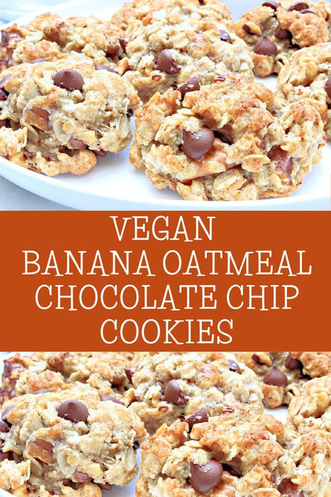 Vegan Banana Oatmeal Walnut Chocolate Chip Cookies ~ These chewy, easy-to-make, dairy-free cookies are perfect for packing in lunches or as an after-school snack! Vegan Banana Cookies, Walnut Chocolate Chip Cookies, Banana Oatmeal Chocolate Chip Cookies, Banana Oatmeal Chocolate Chip, Banana Bread Oatmeal, Dairy Free Cookie Recipe, Soft Cookie Recipe, Banana Chocolate Chip Cookies, Dairy Free Cookies