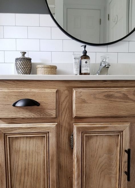 My 2 Days 200 Dollars Challenge | Showit Blog Easy Bathroom Updates, Honey Oak Cabinets, 200 Dollars, Redo Cabinets, Oak Bathroom Vanity, Budget Bathroom Remodel, Oak Bathroom, Cabinets Diy, Budget Bathroom