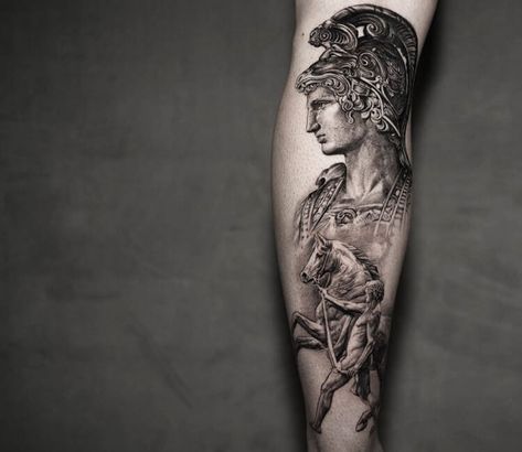 Alexander The Great Tattoo Sleeve, Alexander The Great Tattoos, Alexander The Great Tattoo Design, Alexander The Great Tattoo, Greek Style Tattoos, Alexander The Great Statue, Statue Tattoo, Greek Mythology Tattoos, Symbol Tattoo