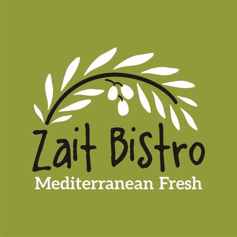 Organic, modern logo-design for a Greek/Mediterranean restaurant. The design features an olive branch with leaves and olives and used green colours. Lebanese Restaurant Logo, Fine Dining Restaurant Branding, Mediterranean Restaurant Logo, Greek Restaurant Logo, Greek Restaurant Branding, Mediterranean Logo, Mediterranean Restaurant Design, Farm Logos, Eco Logo Design