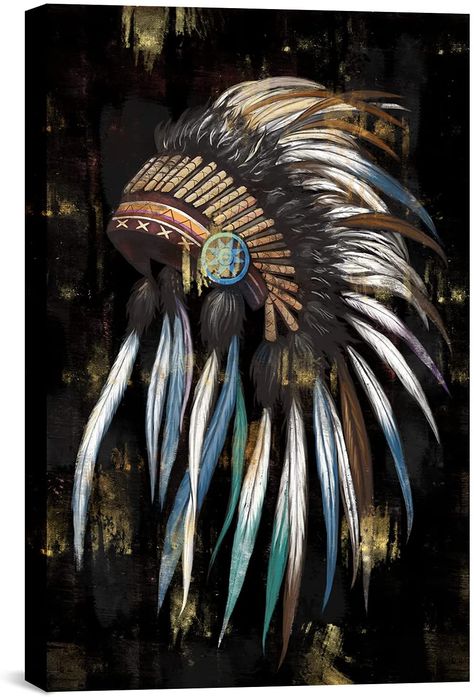 Amazon.com: FuShvre Indian Canvas Artwork Tribal Chief Feather Headdress Wall Art Native American Canvas Painting for Living Room Bedroom Decor Large Vertical Picture Gallery Wrapped 24"x36": Posters & Prints Native American Headdress Painting, American Indian Art Drawing, Headdress Art, Wall Decor Indian, Spirit Tattoo, Native American Tattoos, Indian Wall Art, Condo Decor, Native American Headdress