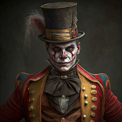 Ring Master Character Art, Ringmaster Aesthetic Male, Spooky Ringmaster, Dark Carnival Art, Haunted Circus Costumes, Fantasy Circus Art, Horror Circus Costume, Scary Ringmaster, Circus Character Art