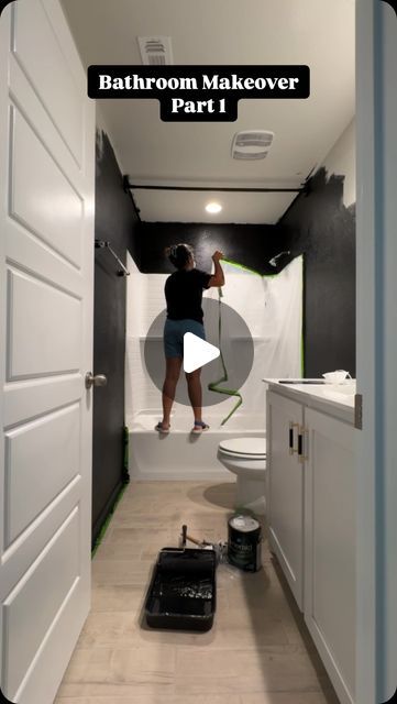 Ruchika Khatri on Instagram: "Are you excited for part 2?😍
.
.
.
#bathroomrenovation #bathroomdesign #bathroomremodel #bathroomdiy #diyprojects #homeimprovement #bathroomdesign #bathroominspiration #blackbathroom #sw #triconblack #bathroomgoals #interiordesign #bathroominterior #homemakeover #diyhomedecor #interiordesign #interiordecorating #usa" Black Gray Bathroom Ideas, Black Wall In Bathroom Ideas, Small Masculine Bathroom Ideas, Black Wood Bathroom Ideas, Bathroom Shower Wall Ideas, Modern Basement Bathroom Ideas, Black And Beige Bathroom Ideas, Guest Full Bathroom Ideas, Bathroom Ideas Decoracion