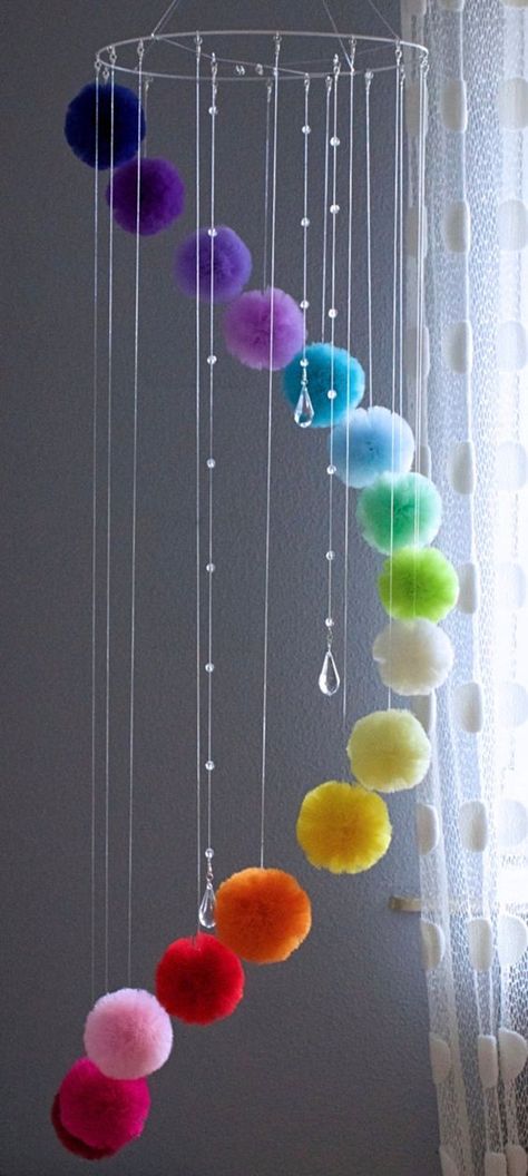 Rainbow Centerpiece, Mobiles For Kids, Rainbow Mobile, Girl Bedrooms, Colorful Baby, Pom Pom Crafts, Nursery Colors, Hanging Mobile, Baby Colors