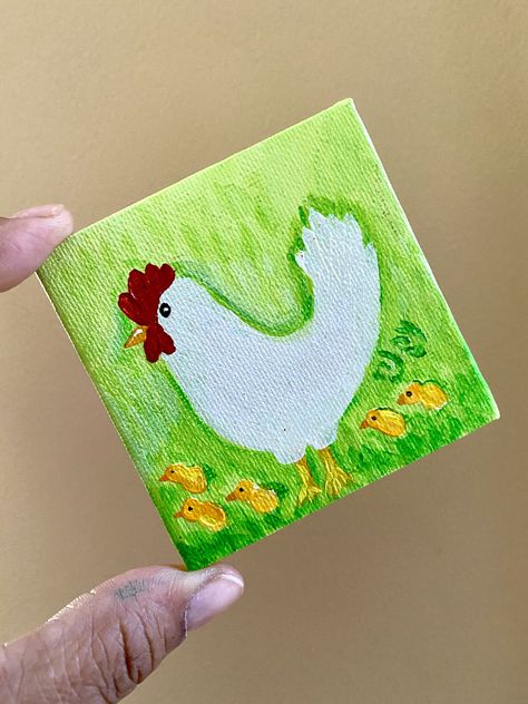 Hen with chicks, mini paintings, Art Magnet, 3 inch acrylic chicken painting Chicken Painting Acrylic, Chicken Painting Easy, Chicken Magnet, Chicks Painting, Hen With Chicks, Easy Painting For Kids, Magnet Art, Hen And Chicks, Chicken Mama