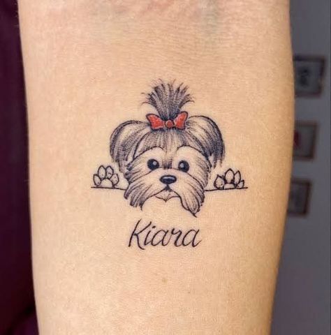 Pet Portrait Tattoos, Tattoo Pet, Tatoo Dog, Yorkshire Puppies, Small Dog Tattoos, Floral Tattoo Shoulder, Simple Tattoos For Women, Dog Memorial Tattoos, Tiny Wrist Tattoos