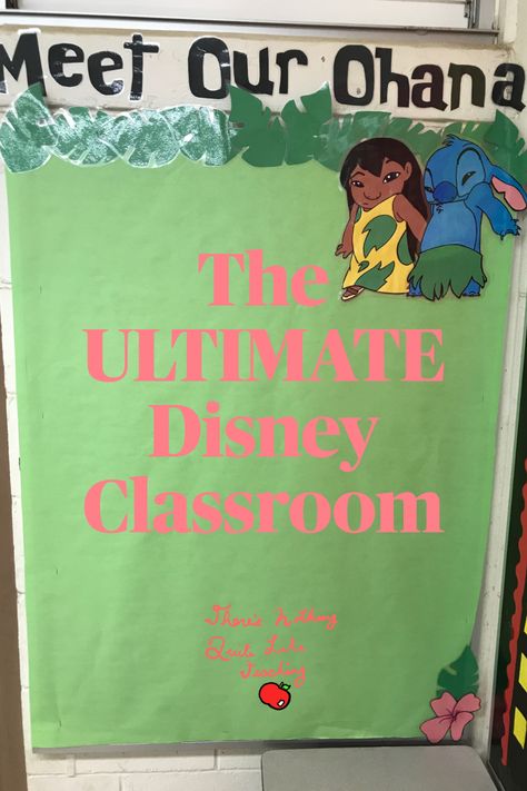 Created a "Meet Our Ohana" bulletin board. Students' autobiographies will be posted so we can learn about each other, and visitors can learn about them as well! Ohana Bulletin Board Ideas, Lilo And Stitch Classroom Decorations, Ohana Classroom Theme, Stitch Classroom Theme, Lilo And Stitch Bulletin Board, Lilo And Stitch Classroom Theme, Elementary Classroom Decor Themes, Disney Bulletin Boards, Class Bulletin Boards