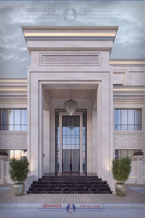 DESIGN ENTRANCE UAE NEOCLASSIC Exterior Villa Design Classic, Neoclassical Facade Design, Neoclassical Exterior Design, Classical Door Design Entrance, Luxury Elevation Design, New Classic Entrance, Neo Classic Entrance, Villa Entrance Design Exterior, Modern Classic Villa Exterior