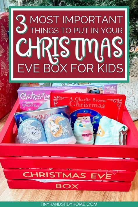 A Christmas Eve box for kids. The text over the image reads, "3 most important things to put in your Christmas Eve box for kids". Christmas Eve Ideas, Christmas Box Ideas, Diy Christmas Eve Box, Christmas Eve Box For Kids, Christmas Eve Box Ideas, Night Before Christmas Box, Tradition Christmas, Christmas Eve Crate, Xmas Eve Boxes