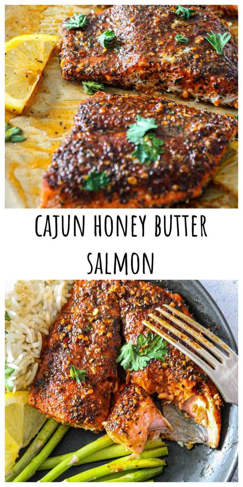 Cajun Honey Butter Salmon is a delicious blend of sweet and spicy, combining spicy Cajun flavor with sweet honey and creamy butter. This simple dish takes just minutes to prep and only fifteen minutes in the oven. It's a perfect weeknight meal the whole family will love. Bourbon Bacon Pecan Salmon, Honey Bourbon Salmon, Salmon With Pomegranate, Cajun Honey Butter Salmon, Honey Butter Salmon, Sunday Dinners, Butter Salmon, Seafood Recipe, Prawn Recipes