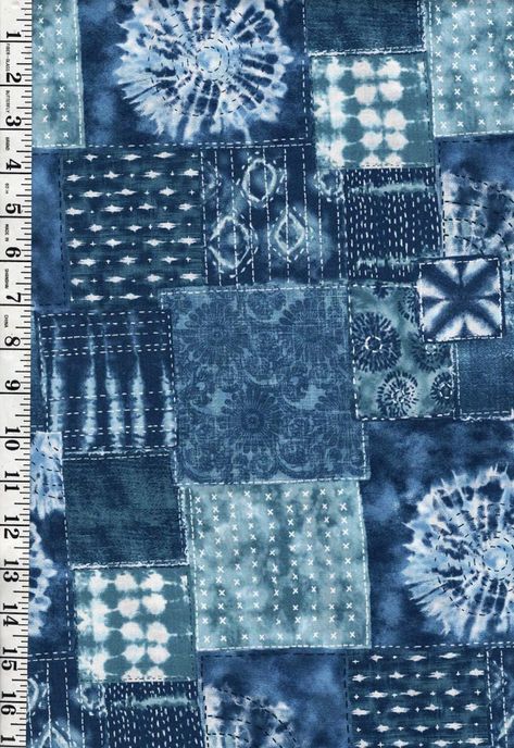 Imported from Senyo of Japan, this print features a shibori tie-dye look, boro collage, with various sashiko designs.  Enjoy the print as-is or add some of your own sashiko stitching.    100% cotton fabric.  Sold by the half yard - 18" x 43/ 44" wide (wof).    Order more than one and it will be sent as a continuous piece. We cut from the bolt so additional fabric may be available. Please contact me if you are interested in additional yardage.    All monitors show colors differently, so please co Shibori Aesthetic, Denim Techniques, Japanese Fabric Prints, Boro Technique, Boro Quilt, Sashiko Designs, Shibori Fashion, Boro Textiles, Denim Tie Dye