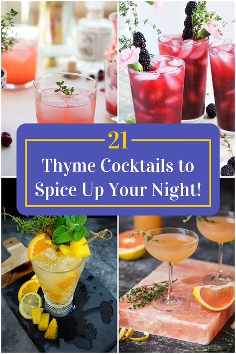 Collage of 4 thyme cocktails. Thyme Drinks Cocktail Recipes, Drinks With Thyme, Cocktail With Thyme, Thyme Cocktail Recipes, Herby Cocktails, Thyme Drinks, Craft Cocktails Recipes, Thyme Cocktails, Winter Martini Recipes