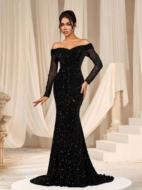 Faeriesty Off Shoulder Long Sleeve Sequin Mermaid Hem Formal Party Long Evening Gown Glittery Dress | SHEIN USA Glittery Black Formal Dress, Black Prom Gown Long Sleeve, Black Prom Dress With Long Sleeves, Black Formal Dress Long Classy Sequin, Sequin Dress Formal, Black Dress Formal Long Sleeve, Prom Sleeve Dress, Long Sleeve Matric Dance Dresses, Off The Shoulder Long Sleeve Prom Dress