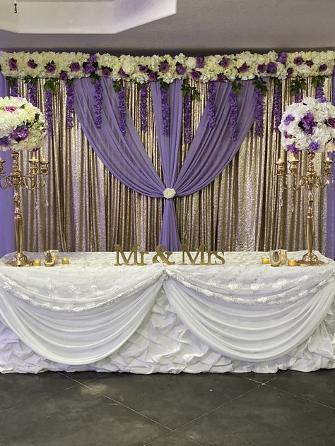 Lilac And Gold Decorations, Lilac And Gold Quinceanera Decorations, Wedding Altar Decorations, Rapunzel Theme, Lavender Curtains, Gold And Burgundy Wedding, Purple Drapes, Purple And Gold Wedding, Quinceanera Planning