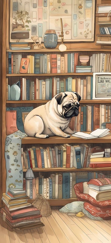 Studious pug reading a book in a library for a scholarly and cozy phone wallpaper, perfect for book lovers Literary Aesthetic, Frank The Pug, Peaceful Reading, Pug Wallpaper, Dog Wallpaper Iphone, Baby Pugs, Pug Pictures, Pug Art, Dog Phone