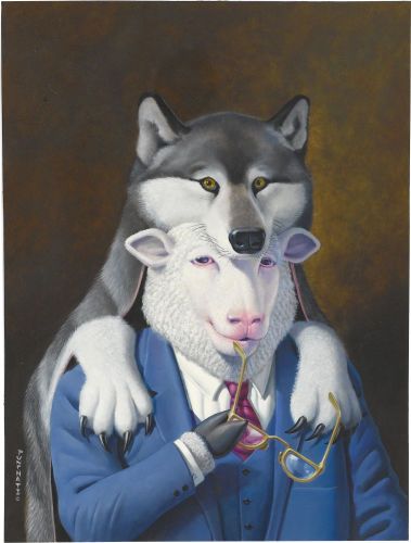 Mainstream Illustration, DON IVAN PUNCHATZ (American b. 1936). Sheep in Wolf'sClothing. Mixed-media on board. 15 x 11 in.. Signed lower left.... Wolf Clothing, Raven And Wolf, Funny Dog Photos, Jesus Pictures, Concert Posters, Dog Photos, Music Poster, Funny Dogs, New Art