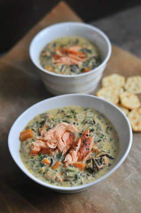 Salmon Wild Rice Soup - Dining with Alice Salmon Wild Rice, Minnesota Wild Rice, Creamy Wild Rice Soup, Creamy Soup Recipes, Seafood Soup, Wild Rice Soup, Minnesota Wild, Rice Soup, Creamy Soup