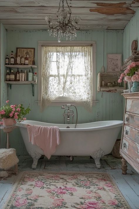 Clawfoot Tub With Chandelier, Princess Bathroom Decor, Feminine Bathroom Ideas, Shabby Chic Bathroom Ideas, Clawfoot Tub Ideas, Shabi Chic, French Cottage Bathroom, Vintage Bathroom Ideas, Vintage Clawfoot Tub