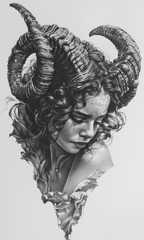 Backpiece Tattoo For Women, Horned Woman, Woman With Horns, Horns Drawing, Horns Tattoo, Horn Tattoo, Drawing Of A Woman, Backpiece Tattoo, Mexican Art Tattoos