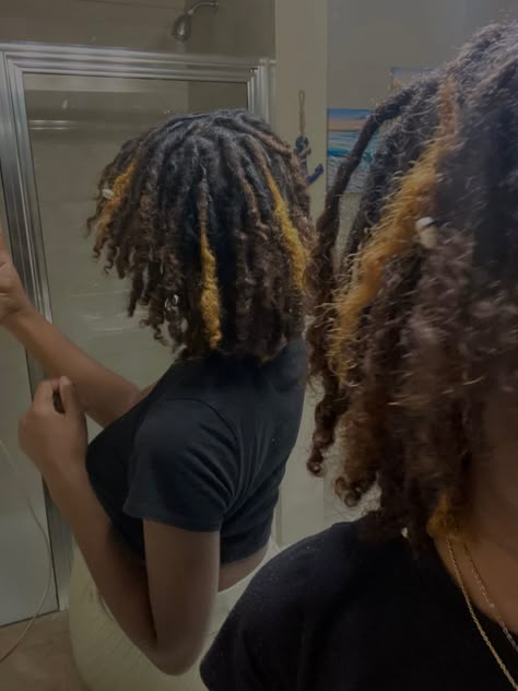 Black And Ginger Locs, Locs Hairstyles Dyed, Dyed Hair Locs, 60 Locs Count, Skunk Stripe Dreads, Short Locs Hairstyles For Women Dreadlock Styles, 4c Starter Locs, Ponytail Loc Styles, Loc Journey Before And After