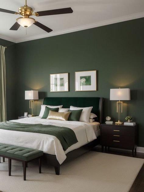 Black White And Forest Green Bedroom, Black And Green And White Bedroom, Black Room With Green Accents, Black White And Hunter Green Bedroom, White Bedroom With Dark Green Accents, Bedroom Inspirations Forest Green, Bed Back Wall Painting Design, Black And Green Modern Bedroom, Sage Green Black And Wood Bedroom