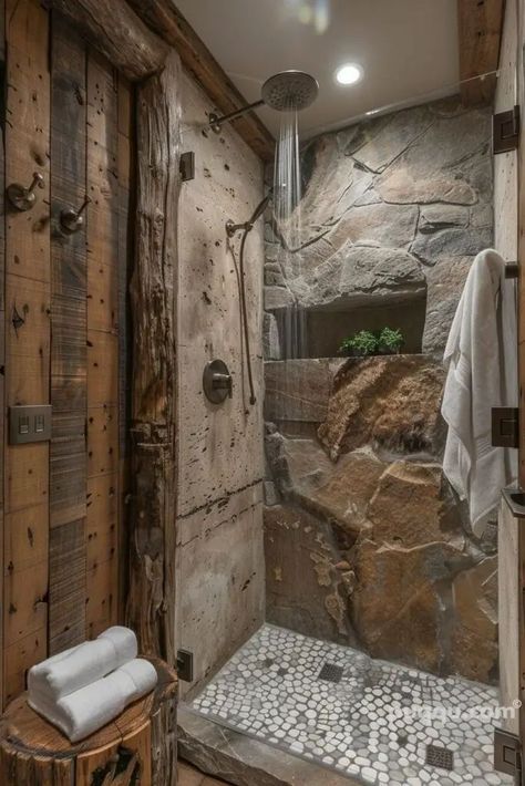 Discover creative doorless walk-in shower ideas to enhance your bathroom. Explore designs, layouts, and inspiration for a stylish and functional space. Rustic Farmhouse Bathroom Ideas, Dapur Rustic, Rustic Bathroom Shower, Viking House, Rustic Farmhouse Bathroom, Bathroom Upgrade, Rustic Shower, Cabin Bathrooms, Rustic Bathroom Designs