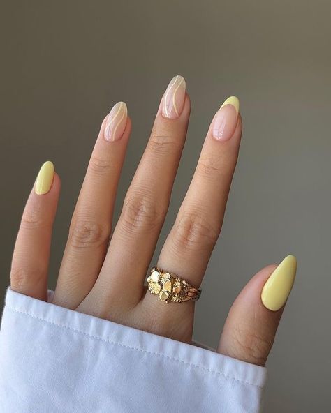 Simple Nails Yellow, Prom Nails Yellow, Oval Nails Yellow, Yellow Oval Acrylic Nails, Summer Nails Yellow Pastel, Yellow Prom Nails, Manicure Amarillo Pastel, Yellow French Tip Nails, Spring Nails 2024 Yellow