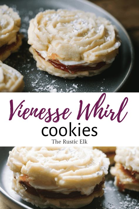 This Vienesse whirl cookie recipe from the Rustic Elk is so easy to make and tastes amazing! This recipe is two melt-in-your-mouth biscuits sandwiched together with buttercream and raspberry jam. The whole family will love them! Make them as a fun dessert treat or to serve at your next party! #biscuits #cookies #recipes #desserts #vienessewhirl #jam Empire Cookies Recipe, Wienerstube Cookies, Vienesse Whirls Recipe, Anise Cutout Cookies Recipe, Vienesse Biscuits, Viennese Swirl Cookies, Vienesse Whirls, Chocolate Viennese Biscuits, Viennese Cookies