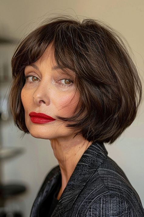 Classy Bob Haircuts for Older Women Trending in 2024 Classic Womens Haircuts, 40s Bob Haircut, Modern Diana Haircut, Short Bob Glasses, Short Red Bob Hair, Lob Hairstyles 2024, Bob Haircut 2024 Trends, Short Hairstyle Women 2024 Trends, Grey Hair Bangs