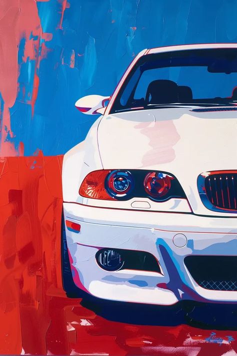 This is a painting of a white BMW M3 car. The car is viewed from a low angle, which makes it look powerful and aggressive ->> more details in ai-img-gen.com Bmw Illustration Art, Bmw Artwork, Bmw Painting, Bmw White, White Bmw, M3 Car, Low Angle, White Car, Realistic Paintings