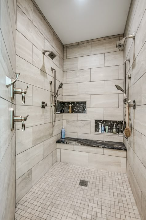 Small Shower With Two Shower Heads, Walk In Shower 2 Shower Heads, Large Shower Two Shower Heads, Walk In Shower Ideas With 2 Shower Heads, Double Head Shower With Bench, Showers With Dual Heads, Walk In Shower Floor Plan, Two Head Shower Ideas, Multihead Shower Master Bath