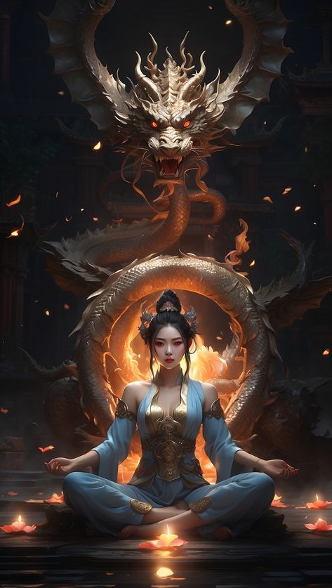 A woman sitting in lotus position with a dragon in the background Sitting Dragon, Game Lounge, Mythical Dragons, Mystery School, Dragon Artwork Fantasy, Spiritual Artwork, Woman Sitting, Celestial Art, White Dragon