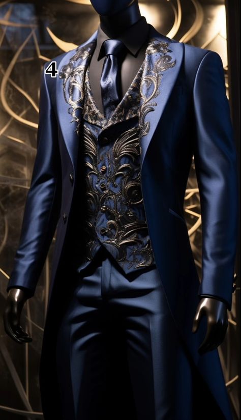 Enchanted Outfit For Men, Fairytale Suit Men, Coattails Suit, Winter Ball Outfit Male, Cool Mens Suits, Royal Blue Tuxedo For Men, Male Suits Wedding, Male Royalty Outfit, Mens Masquerade Party Outfit