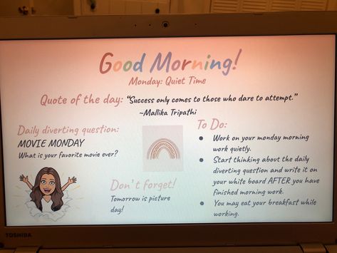 Good Morning Slides Classroom, Teacher Morning Slides, Bitmoji In The Classroom, Morning Slides Classroom, Teacher Roleplay, Teacher Google Slides, Google Slides Aesthetic, Teacher Rp, Classroom Slides