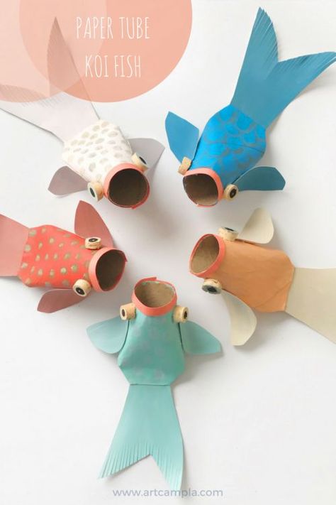 PAPER TUBE KOI FISH New Year Art, Fish Crafts, Toilet Paper Roll Crafts, Paper Roll Crafts, Recycled Art, Camping Art, Childrens Crafts, Recycled Crafts, Jar Crafts