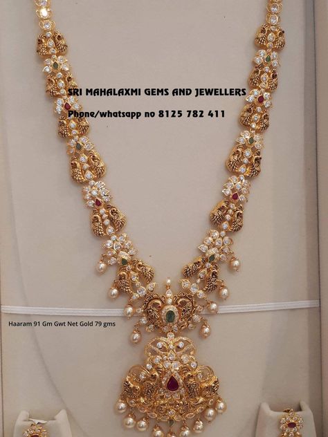 Kempulu Pachalu Long Haram, Small Motifs, Gold Haram, Indian Wedding Jewelry Sets, Long Haram, Gold Jewelry Simple Necklace, Beautiful Gold Necklaces, Gold Necklace Indian Bridal Jewelry, Beaded Necklace Designs