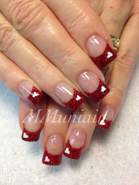 Valentine nails.  I would do white tips with red heart....but maybe not.  This is growing on me. Do It Yourself Nails, Valentines Nail Art Designs, Valentine Nail Art, Nail Designs Valentines, Nail Idea, Super Nails, White Hearts, Gel Nail Designs, Heart Nails