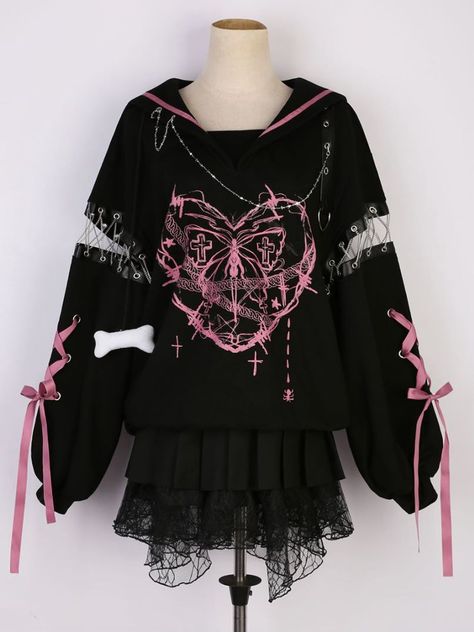 Black and pink clash, butterfly and cross print, sailor collar, chain and lace-up sleeves, landmine style sweatshirt.  Top   	 		 			Size 			S 			M 			L 		 		 			Full Length 			68 			70 			72 		 		 			Bust 			124 			128 			132 		 		 			Shoulders 			53 			54 			55 		 		 			Sleeve Length 			56 			57 			58 		 		 			Cuff 			17 			18 			19 		 	     Skirt   	 		 			Size 			S 			M 			L 		 		 			Full Length 			56 			57 			58 		 		 			Waist 			65-72 			69-76 			73-80 Black And Pink Punk Aesthetic, Pink And Black Alt Outfit, Pastel Emo Outfits, Emo Clothes Aesthetic, Pastel Punk Outfits, Landmine Style, Jirai Kei Fashion, Kawaii Goth Outfits, Pink Black Aesthetic