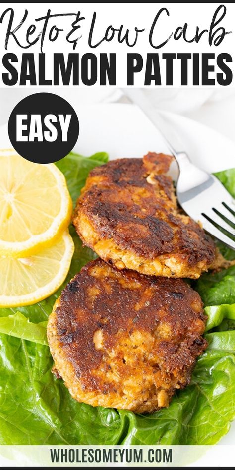 Low Carb Keto Salmon Patties Recipe (Salmon Cakes) - Low carb keto salmon patties (a.k.a. salmon cakes) are ready in 15 minutes, with simple pantry ingredients. This keto salmon patty recipe is a budget-friendly way to enjoy healthy fish. #wholesomeyum #keto #ketorecipes #salmon #salmoncakes #salmonpatties #fish #pantrymeals #pantryrecipes Salmon Patty Recipe, Keto Salmon Patties, Low Carb Salmon Patties, Salmon Patty, Low Carb Salmon, Patty Recipe, Keto Salmon, Recipe Salmon, Salmon Patties Recipe