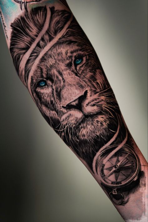 Lion Clock Tattoo Design For Men, Lion And Compass Tattoo, Lion Compass Tattoo, Lion Forearm Tattoo For Men, Spartan Helmet Tattoo, Compass Clock, Black And Grey Sleeve, Helmet Tattoo, Lion Tattoo Sleeves