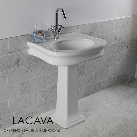 Our pedestal sink design focuses on elegant features and conservation of space! Pair our pedestal sink with a wall-mounted or deck-mounted faucet. Shown in Image: Sink: Lirico H251 in 001 white Pedestal: Lirico H250 in 001 white Faucet: Cigno 1581.1 in CR polished chrome #pedestal #sink #bathroom #elegant #lovely #love #beautiful #porcelain #interiordesign #interiors #style #faucet #design #architecture #photography #luxury #realestate #realtor #powderroom #stunning #beauty #explore Pedistal Sink, Pedastal Sink, Pedestal Sink Bathroom, Luxury Bathroom Sinks, Pedestal Bathroom Sink, Copper And Grey, Wall Mount Sinks, White Faucet, Trough Sink