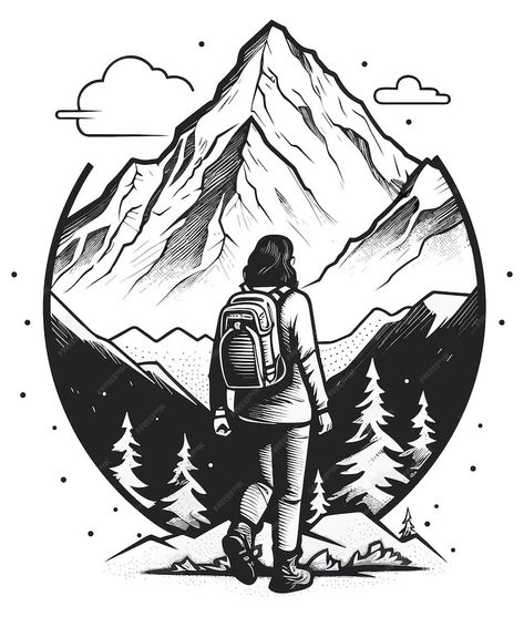 Premium Vector | Vector cute mountain and hiker bold line Hiking Doodles Simple, Hike Drawing, Hiking Doodles, Hiker Aesthetic, Mountain Doodle, Wanderer Icon, Inktober Ideas, Inktober 2024, Daily Doodle