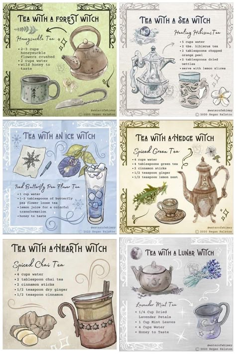 Tea With A Hedge Witch, Tea With Witch, Cottage Witch Recipes, Witchy Tea Aesthetic, Witchcraft Recipes Kitchen Witch, Tea Witch Art, Fantasy Snack Ideas, Tea With A Witch, Drinkable Potions Witchcraft